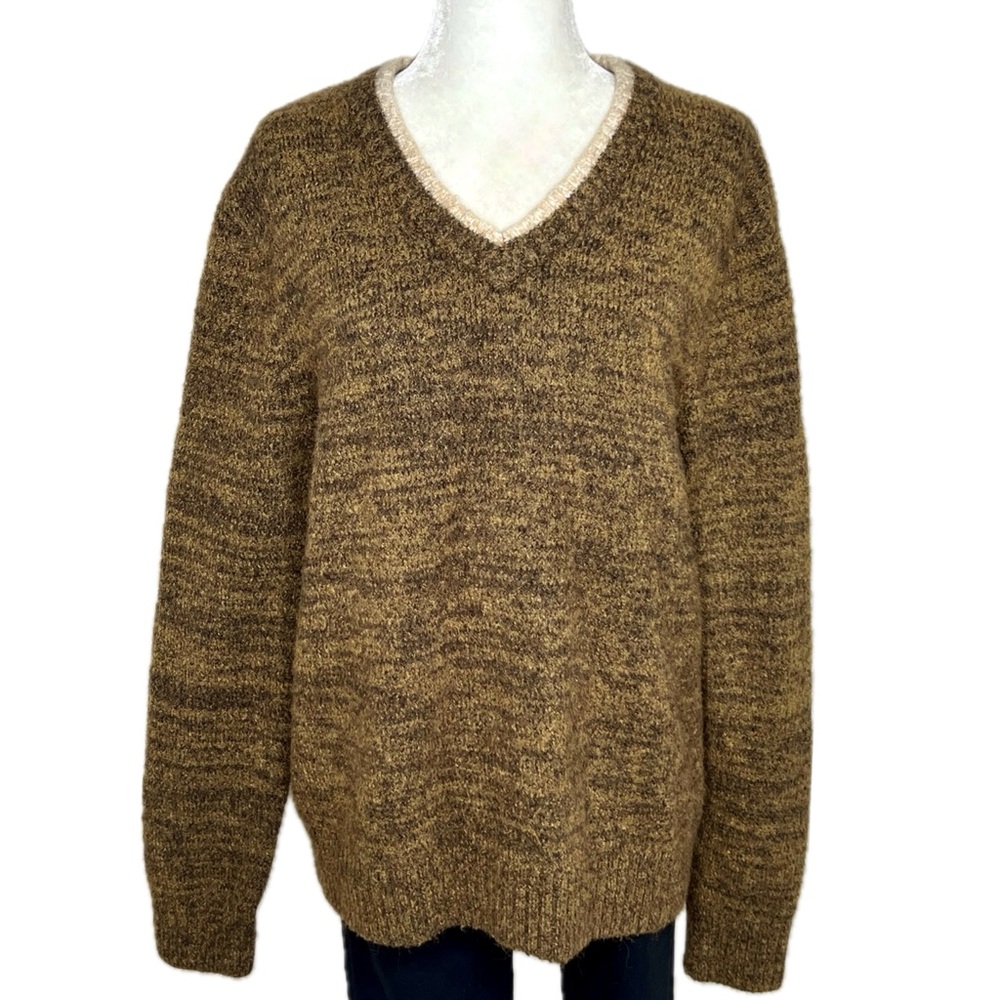 EXPRESS Sweater Women’s Textured Tipped V-Neck Fuzzy Marled Brown Cream Large L